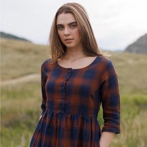 NWT Pyne & Smith Model No.12 Button Up Linen MIDI Dress - Copper Plaid